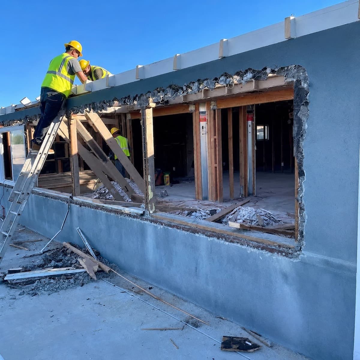 Commercial storefront demolition, window wall opened up for remodel